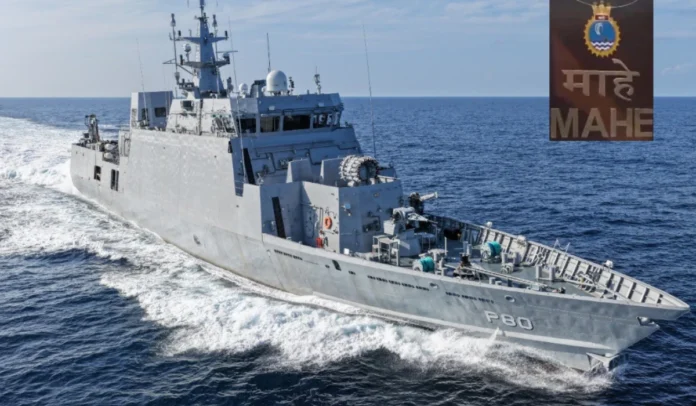 Indian Navy commissioned INS Mahe Anti-Submarine Warfare Shallow Water Craft.