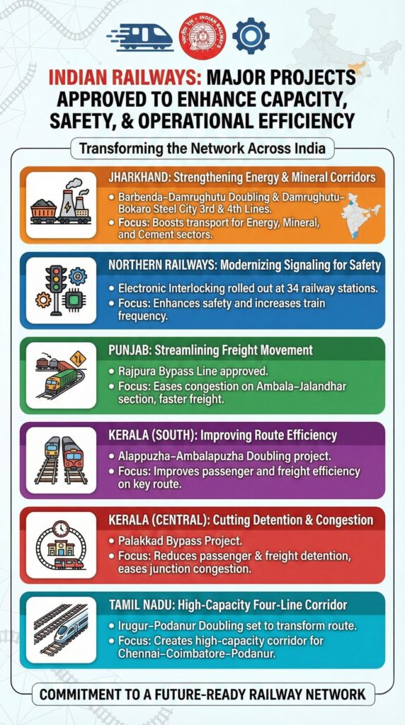Approved railway routes and projects (short list):

Barbenda–Damrughutu doubling and Damrughutu–Bokaro Steel City 3rd & 4th lines (Jharkhand)

Electronic interlocking at 34 Northern Railway stations

Rajpura bypass line (Punjab)

Alappuzha–Ambalapuzha doubling (Kerala)

Palakkad bypass project (Kerala)

Irugur–Podanur doubling on Chennai–Coimbatore corridor (Tamil Nadu)