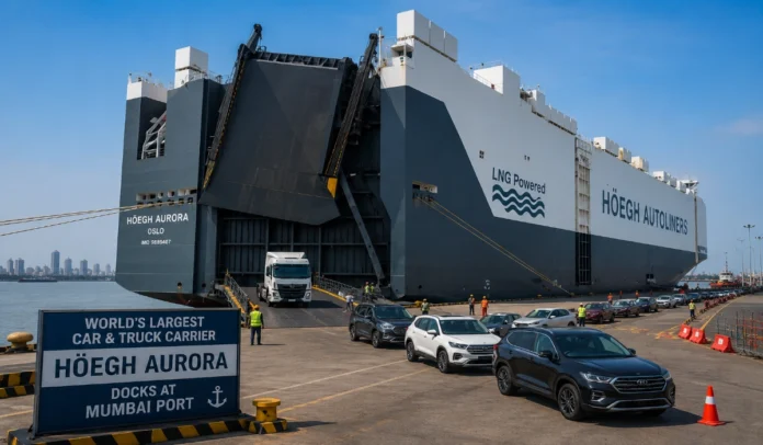 World’s Largest Car and Truck Carrier Höegh Aurora Docks at Mumbai Port